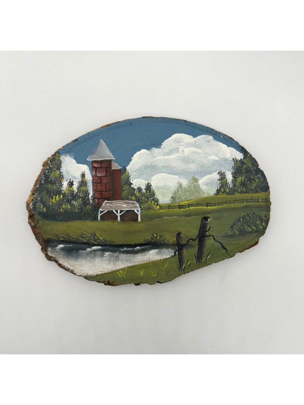 Vintage Painting Folk Art Farm Barn Live Edge Wood Wall Hanging Landscape